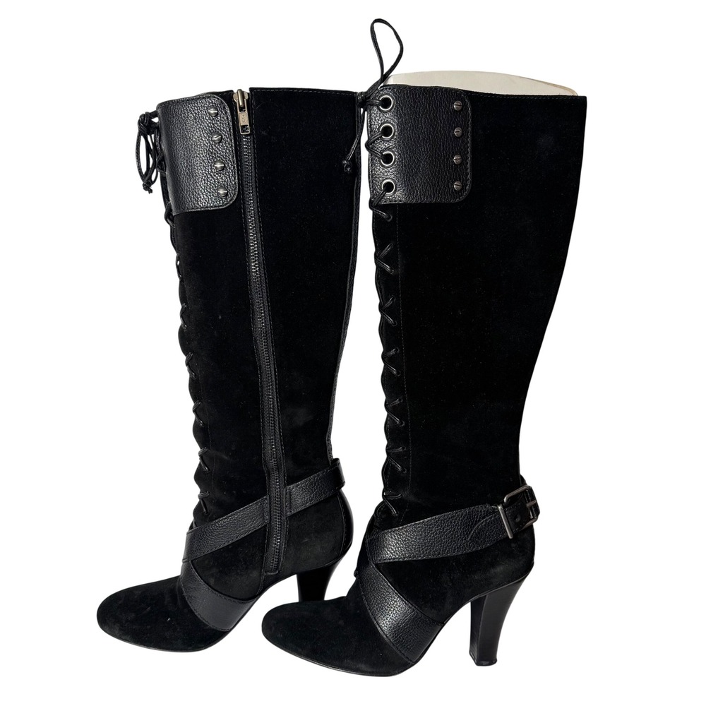 Cole Haan Vtg Y2K Black Suede Faux Leather Strap Zip Tall Boot Heel Womens 6 - Picture 2 of 10